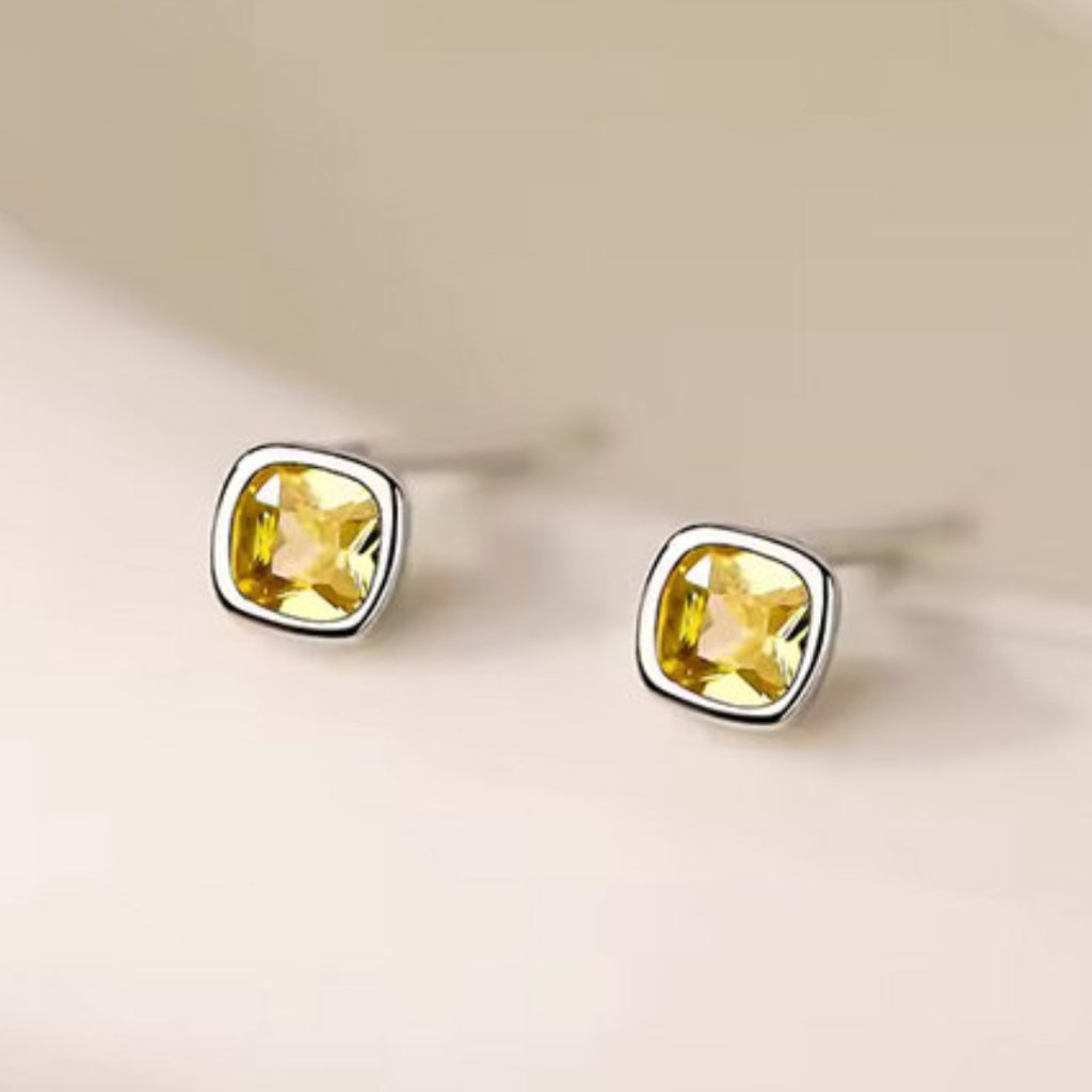 Yellow Zircon Square Stud Earrings In Gold And Silver. 925 Sterling Silver #1074